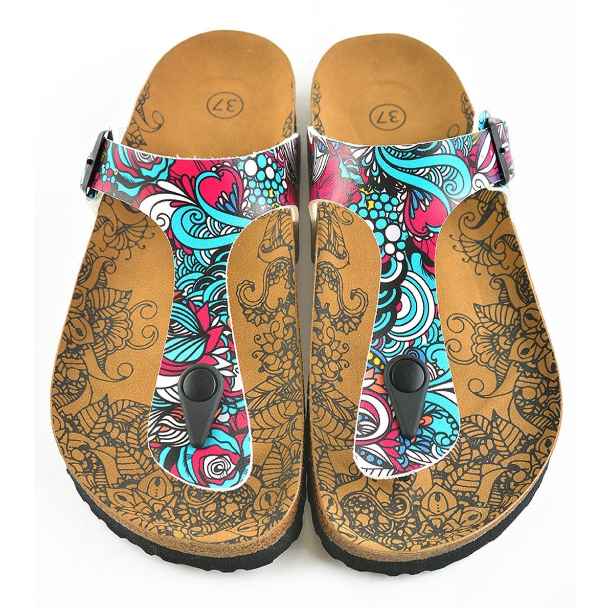 Turquoise & Pink Abstract T-Strap Sandal CAL511 (737680687200)