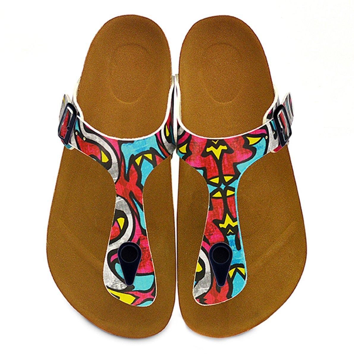 Red & Blue Geometric T-Strap Sandal CAL515 (737680359520)